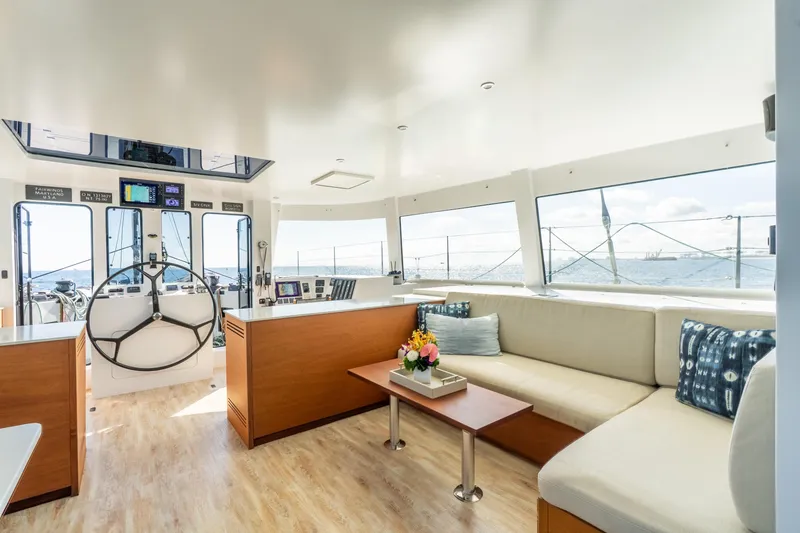 Slide: The Image of Luxurious interior of 2017 Harvey Yachts 58, featuring spacious seating and modern helm. - 31