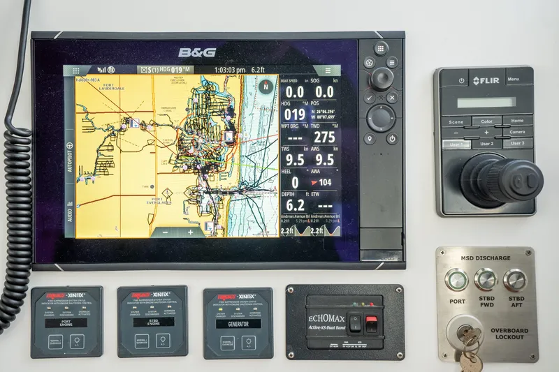 Slide: The Image of Navigation and control panel of a 2017 Harvey Yachts 58, featuring B&G and FLIR systems. - 41