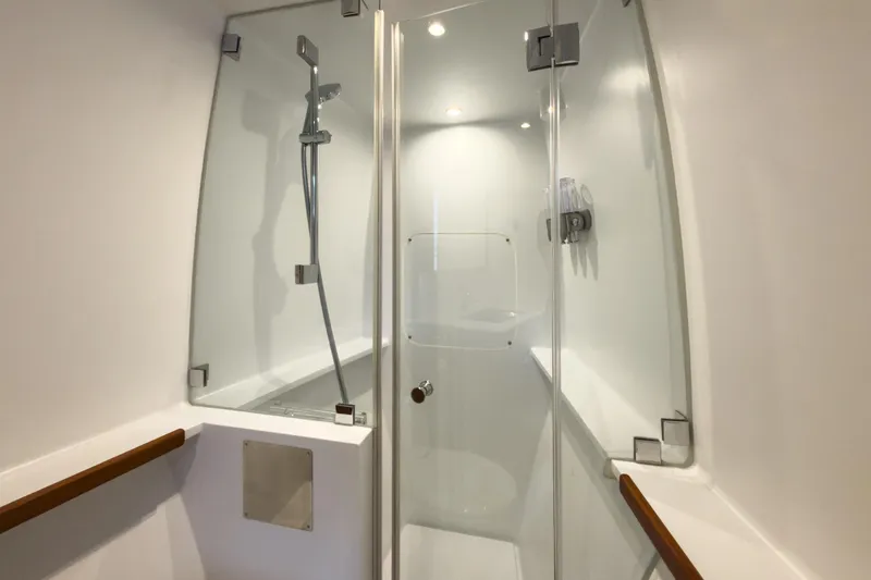 Slide: The Image of Modern shower cabin on 2017 Harvey Yachts 58, featuring sleek glass doors and chrome fixtures. - 68