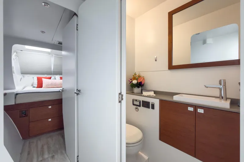 Slide: The Image of Luxurious bathroom and bedroom interior of 2017 Harvey Yachts 58, featuring modern design and amenities. - 70