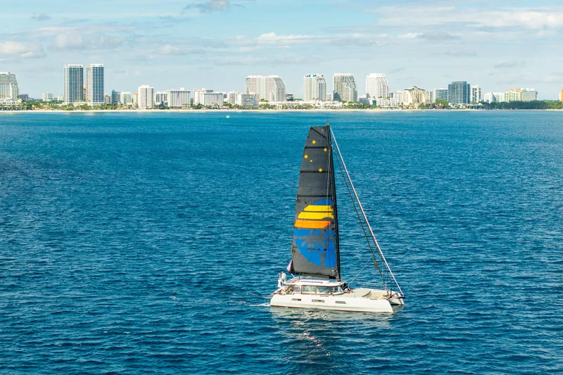 Slide: The Image of Sailing yacht Harvey Yachts 58 (2017) on blue ocean with city skyline backdrop. - 8