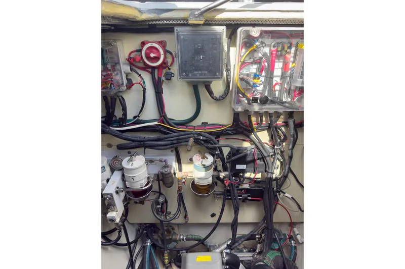 Slide: The Image of Engine room wiring and components of a 2017 Harvey Yachts 58 model. - 80