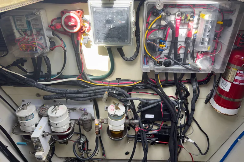 Slide: The Image of Engine room wiring and components of a 2017 Harvey Yachts 58, featuring electrical panels and fire extinguisher. - 85
