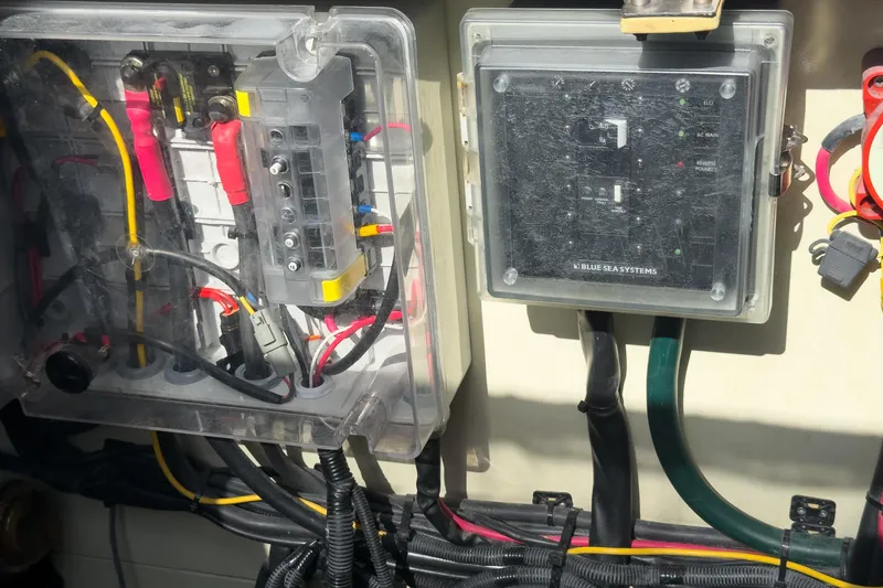 Slide: The Image of Electrical panel on a 2017 Harvey Yachts 58, featuring Blue Sea Systems components. - 93