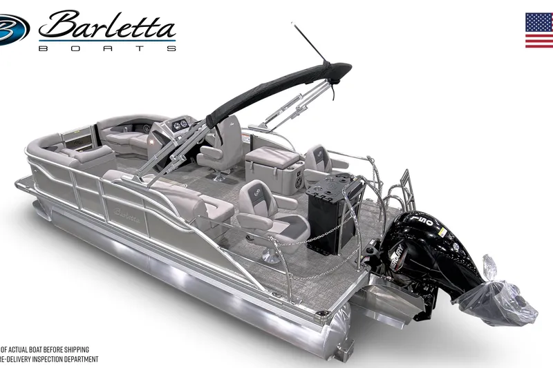 Slide: The Image of 2026 Barletta ARIA 20CC pontoon boat with modern seating and powerful outboard motor. - 2