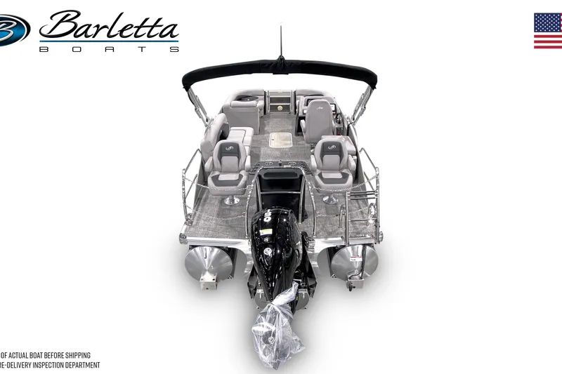 Slide: The Image of 2026 Barletta ARIA 20CC pontoon boat, top view, showcasing seating and motor. - 3
