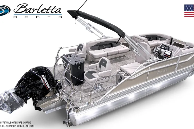 Slide: The Image of 2026 Barletta ARIA 20CC pontoon boat with Mercury engine, luxurious seating, and modern dashboard. - 4