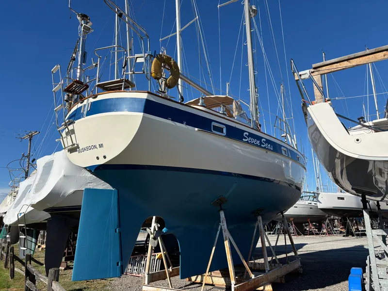 The Image of 1979 Hallberg-Rassy 38 sailboat "Seven Seas" in dry dock, Muskegon, MI. - 0