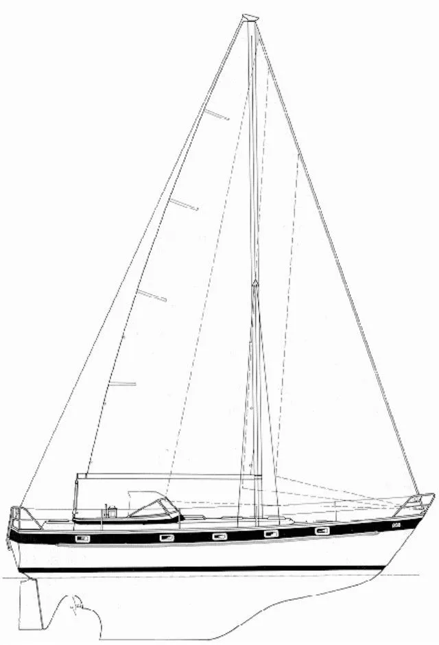 Slide: The Image of Line drawing of a 1979 Hallberg-Rassy 38 sailboat, side view. - 2