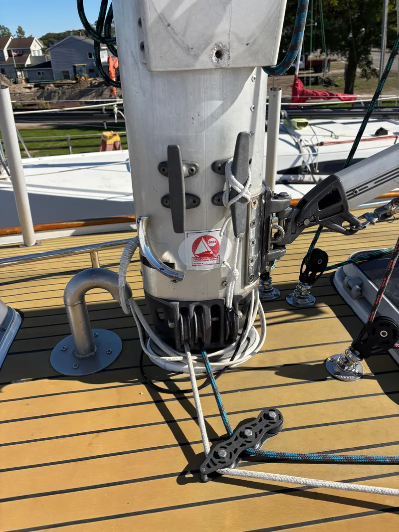 Slide: The Image of Mast base and rigging on a 1979 Hallberg-Rassy 38 sailboat deck. - 37