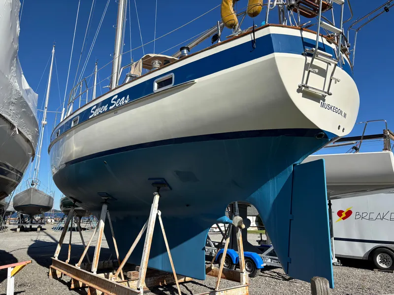 Slide: The Image of 1979 Hallberg-Rassy 38 sailboat "Seven Seas" on stands in a boatyard, Muskegon, MI. - 9