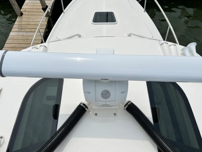 Slide: The Image of Bow view of 2012 Everglades 350LX boat docked at marina. - 40