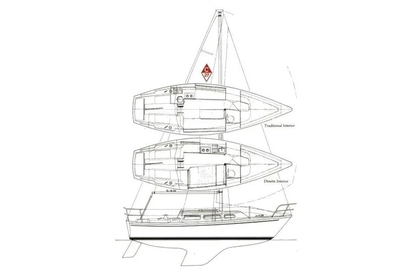 Slide: The Image of Blueprint of 1986 Catalina 27 sailboat, showcasing traditional and dinette interior layouts. - 17