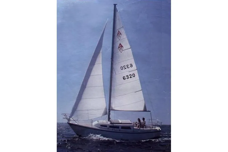 Slide: The Image of 1986 Catalina 27 sailboat with full sails on open water. - 18