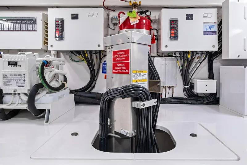Slide: The Image of Engine room of 2025 Viking 64 Convertible yacht with advanced electrical systems. - 48
