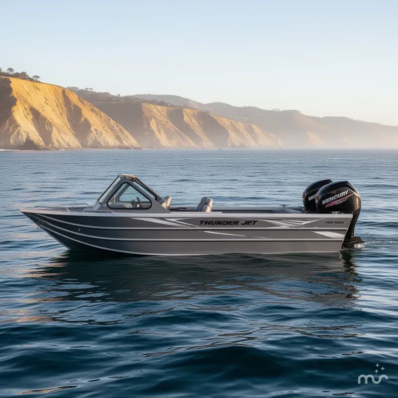 Slide: The Image of Thunder Jet 205 Rush w/ 150HP Mercury and a 9.9 Mercury Kicker! 2023 - 2