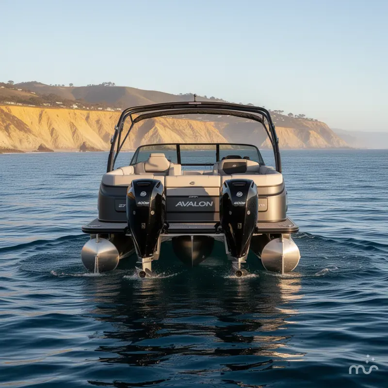 Slide: The Image of Avalon 27' Excalibur LTD Elite Windshield w/ Twin 400HP Mercury V10's & JOYSTICK CONTROLS! 2025 - 2