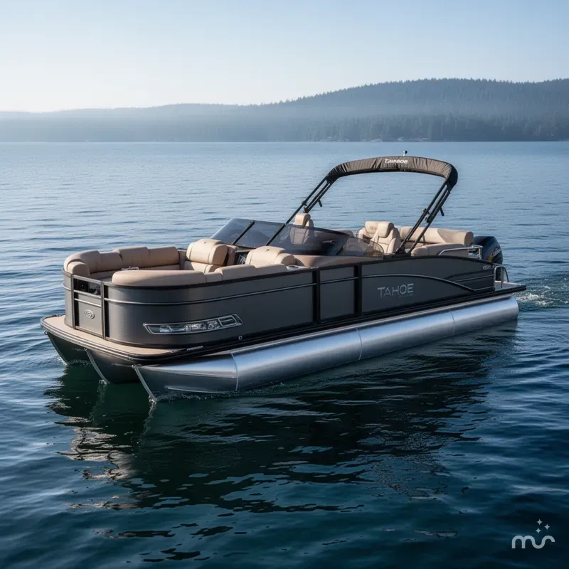 Slide: The Image of Tahoe Cascade 2385 Quad Lounge Shift Windshield Tritoon 2025 - 0