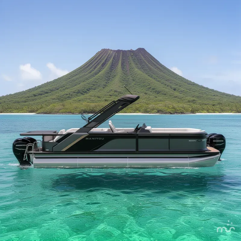 Slide: The Image of Manitou EXPLORE 24' WITH 6' MAX DECK NAVIGATOR WITH DUAL 150hp ROTAX STEALTH MOTORS 2025 - 2