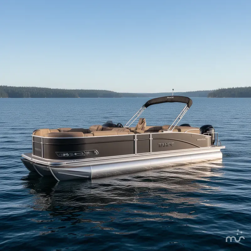 Slide: The Image of Tahoe Cascade 2385 Quad Lounge Shift SS Tritoon & Honda 2025 - 2