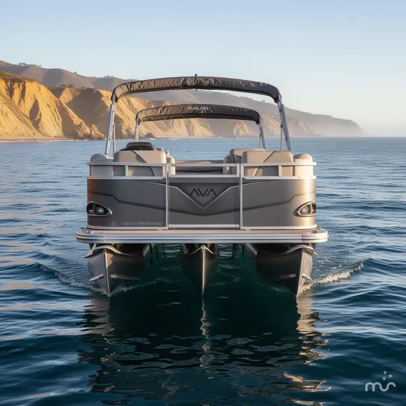 Slide: The Image of Avalon Tri-toon 21' Venture Quad Lounger w/ 150HP Mercury! 2025 - 2