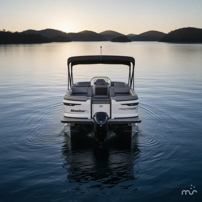 Slide: The Image of Manitou 24' Explore MAX Deck Navigator With 150hp Rotax Stealth Motor 2025 - 2
