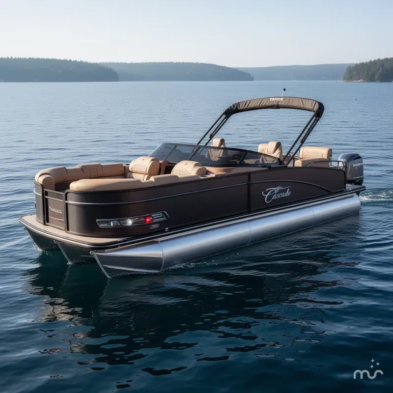 Slide: The Image of Tahoe Cascade 2385 Quad Lounge Shift Windshield Tritoon & Honda 4-Stroke EFI 2025 - 0