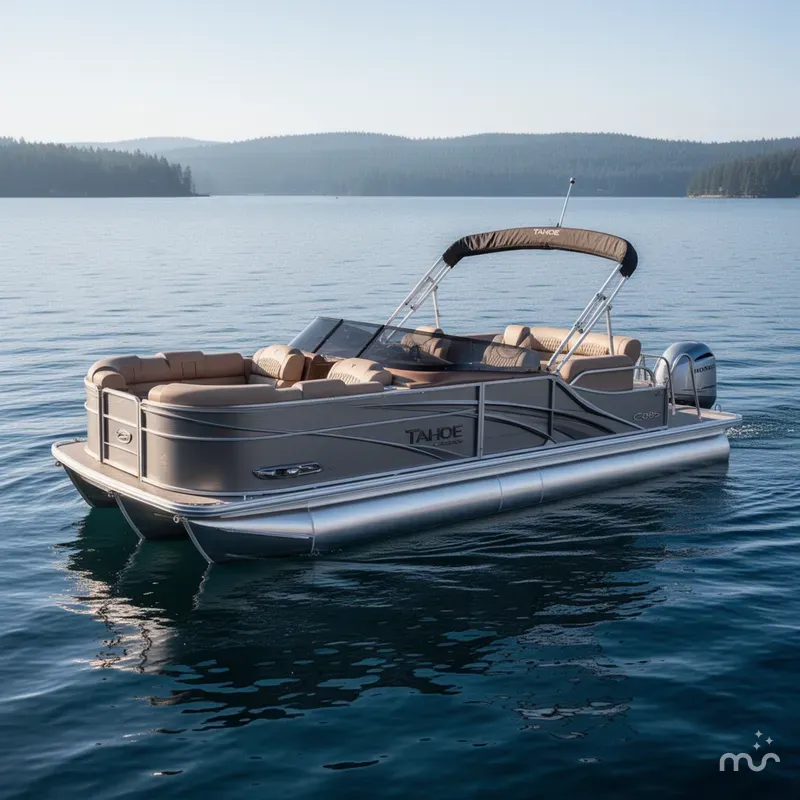 Slide: The Image of Tahoe Cascade 2385 Quad Lounge Shift Windshield Tritoon & Honda 4-Stroke EFI 2025 - 2