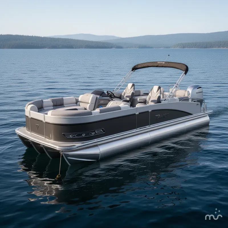 Slide: The Image of Tahoe Cascade 2385 Quad Lounge Shift SS Tritoon & Honda 225HP Outboard 2025 - 2