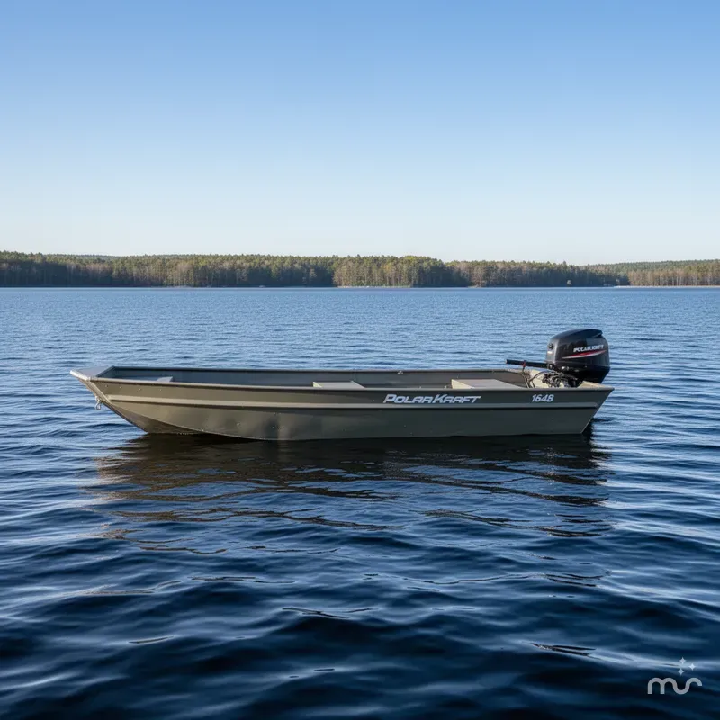 Slide: The Image of Polar Kraft 1648 jon boat. 16' long, 48" bottom width, 15" transom 2024 - 2