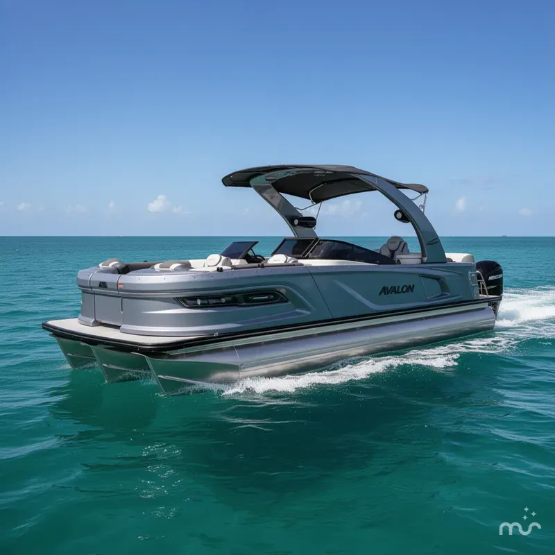 Slide: The Image of Avalon 2585 Excalibur Windshield Quad Lounger Shift, Tri toon, Mercury 400hp V-10 2026 - 4