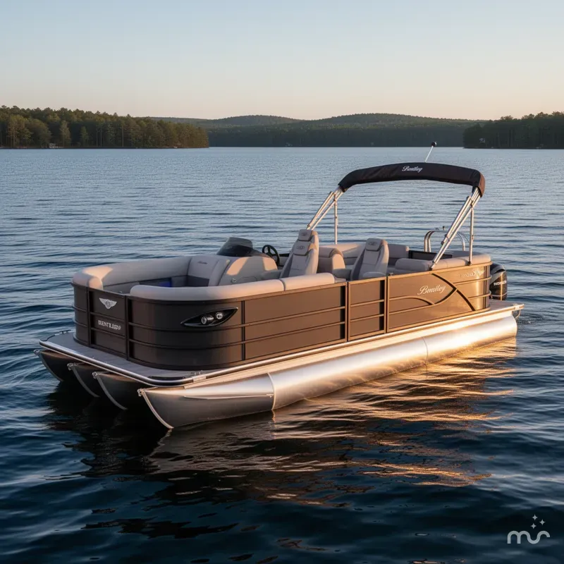 Slide: The Image of Bentley Pontoons Legacy 200HP Navigator DL 223 Quad Lounge Tritoon & Honda 4-Stroke EFI 2026 - 2