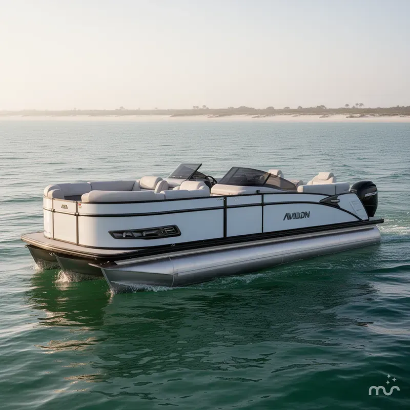 Slide: The Image of Avalon 2585 Catalina Windshield Quad Lounger, Tri Toon, High Performance, Mercury 400hp V-10 motor 2026 - 0