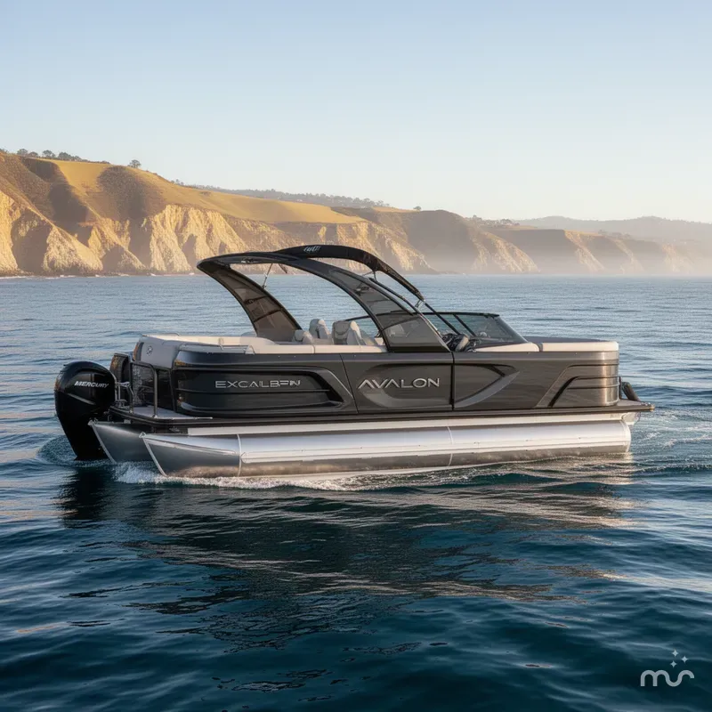 Slide: The Image of Avalon Excalibur Carbon Series Quad Lounger Shift Windshield - 25 FT w/ 400HP Mercury V10! 2026 - 0