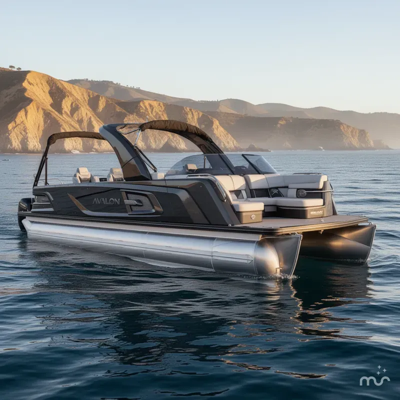 Slide: The Image of Avalon Excalibur Carbon Series Quad Lounger Shift Windshield - 25 FT w/ 400HP Mercury V10! 2026 - 2