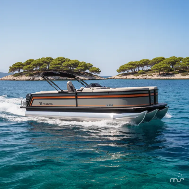 Slide: The Image of Viaggio Lago Z22U Tritoon W/ A Suzuki 150HP Motor 2026 - 2