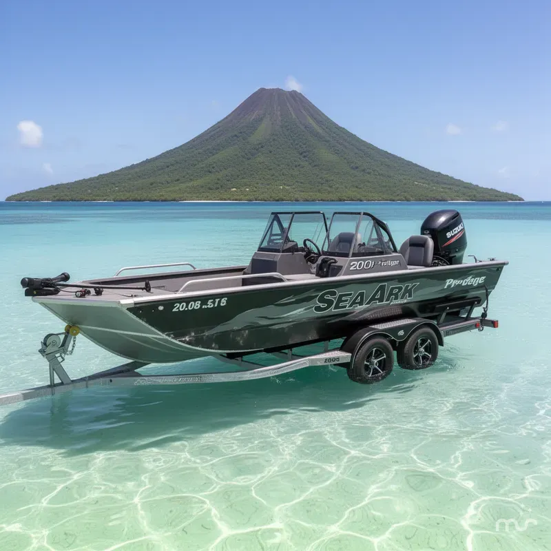 Slide: The Image of SeaArk Protege with 200HP Suzuki and Custom tandem axle trailer 2026 - 2
