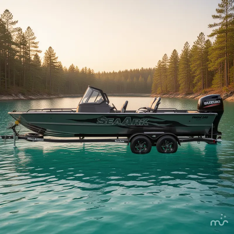 Slide: The Image of SeaArk PROCAT 240 with 250HP Suzuki and custom tandem axle trailer 2026 - 2