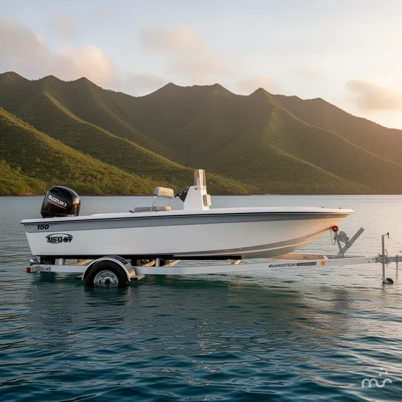 Slide: The Image of Carolina EV198 with 150HP Suzuki and custom aluminum trailer 2025 - 2