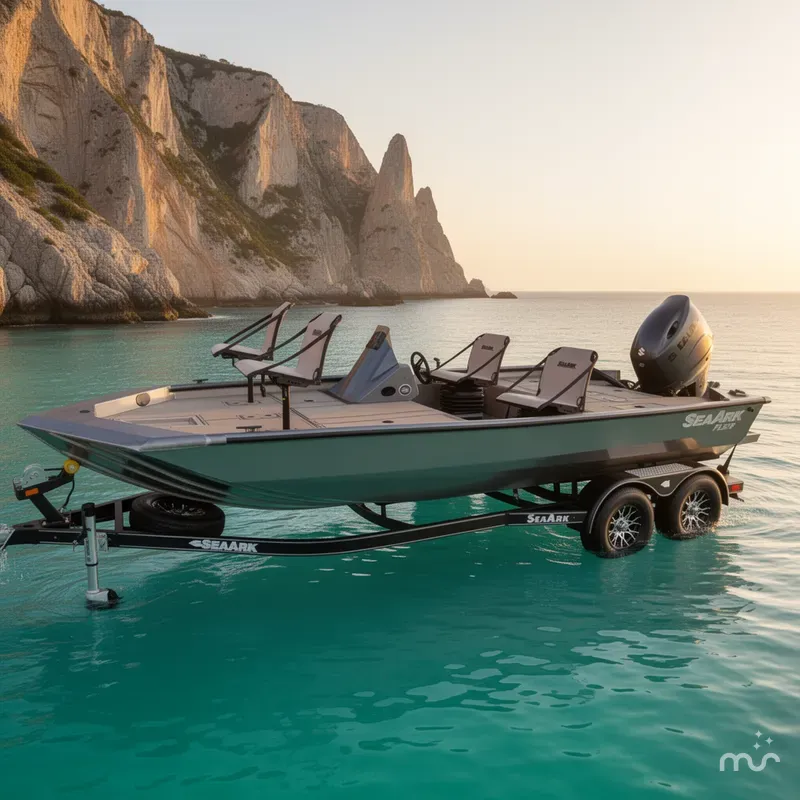 Slide: The Image of SeaArk Flex 19 with 150HP Suzuki and custom tandem axle trailer 2025 - 2